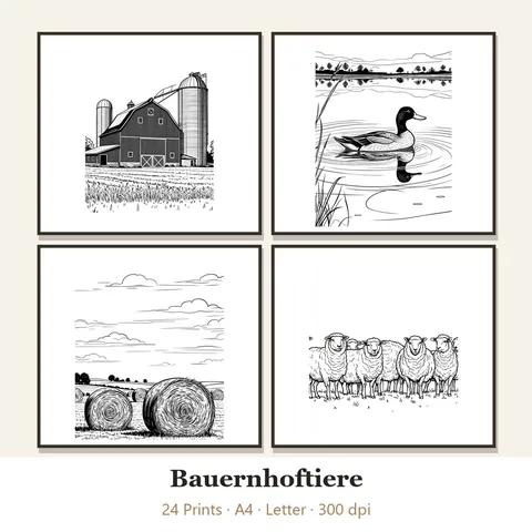 Vorschau Line-Art-Set „Bauernhoftiere“: vier von 24 schwarz-weißen Motiven im Rahmen