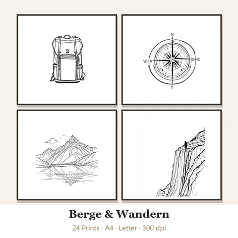 Vorschau Line-Art-Set „Berge & Wandern“: vier von 24 schwarz-weißen Motiven im Rahmen