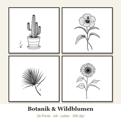 Vorschau Line-Art-Set „Botanik & Wildblumen“: vier von 24 schwarz-weißen Motiven im Rahmen