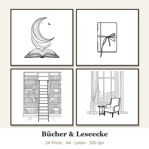Vorschau Line-Art-Set „Bücher & Leseecke“: vier von 24 schwarz-weißen Motiven im Rahmen