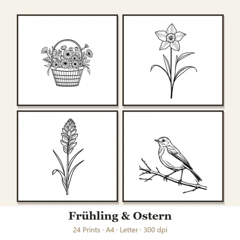 Vorschau Line-Art-Set „Frühling & Ostern“: vier von 24 schwarz-weißen Motiven im Rahmen