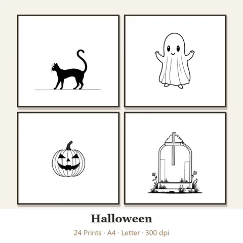 Vorschau Line-Art-Set „Halloween“: vier von 24 schwarz-weißen Motiven im Rahmen