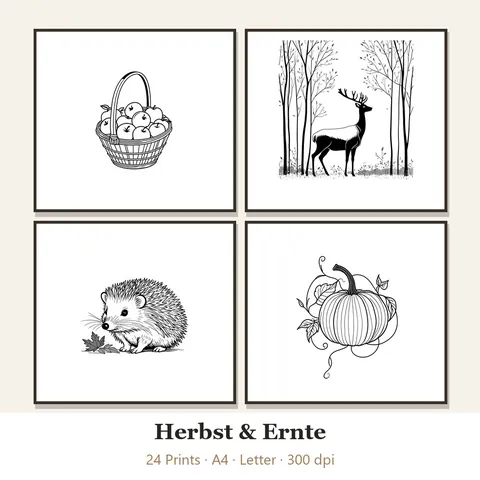 Vorschau Line-Art-Set „Herbst & Ernte“: vier von 24 schwarz-weißen Motiven im Rahmen