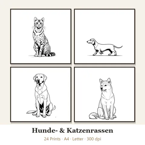Vorschau Line-Art-Set „Hunde- & Katzenrassen“: vier von 24 schwarz-weißen Motiven im Rahmen