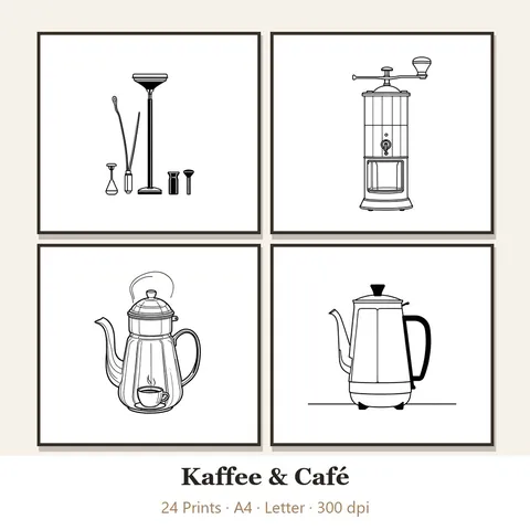 Vorschau Line-Art-Set „Kaffee & Café“: vier von 24 schwarz-weißen Motiven im Rahmen