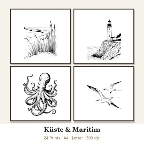 Vorschau Line-Art-Set „Küste & Maritim“: vier von 24 schwarz-weißen Motiven im Rahmen