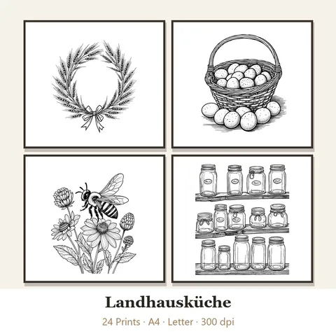 Vorschau Line-Art-Set „Landhausküche“: vier von 24 schwarz-weißen Motiven im Rahmen