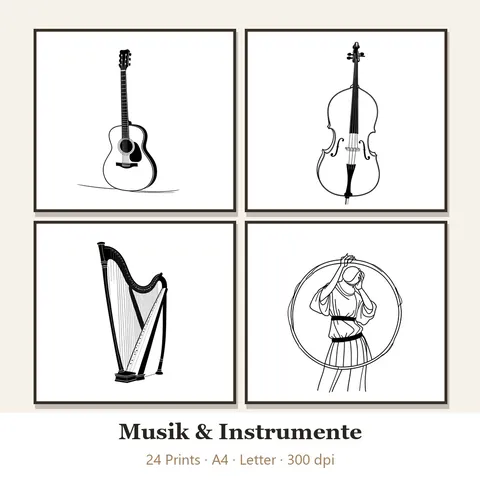 Vorschau Line-Art-Set „Musik & Instrumente“: vier von 24 schwarz-weißen Motiven im Rahmen