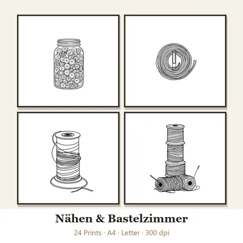 Vorschau Line-Art-Set „Nähen & Bastelzimmer“: vier von 24 schwarz-weißen Motiven im Rahmen