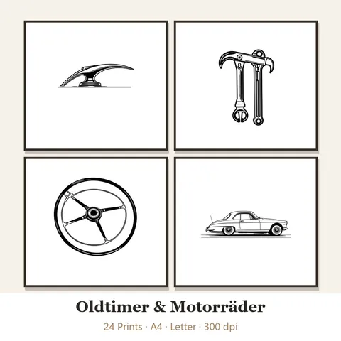 Vorschau Line-Art-Set „Oldtimer & Motorräder“: vier von 24 schwarz-weißen Motiven im Rahmen