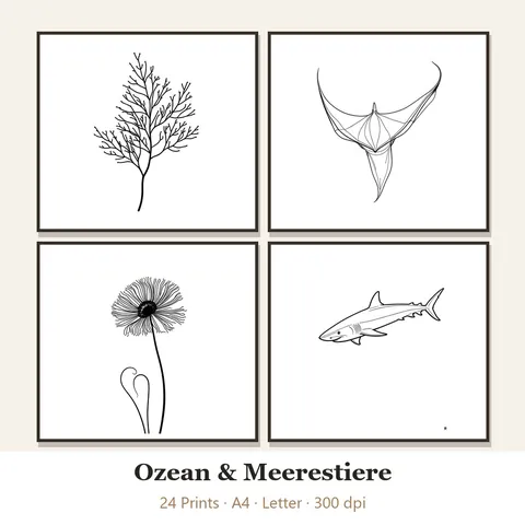 Vorschau Line-Art-Set „Ozean & Meerestiere“: vier von 24 schwarz-weißen Motiven im Rahmen