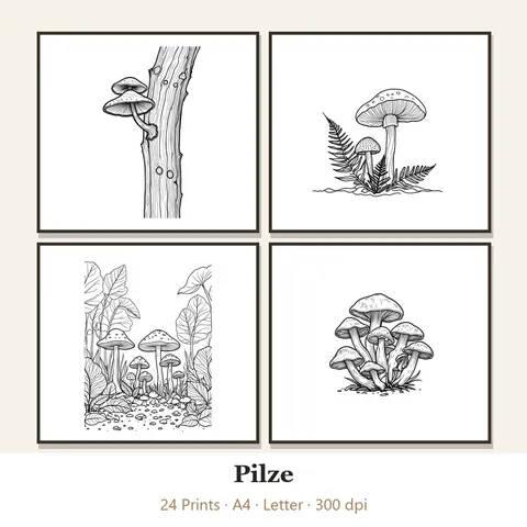 Vorschau Line-Art-Set „Pilze“: vier von 24 schwarz-weißen Motiven im Rahmen