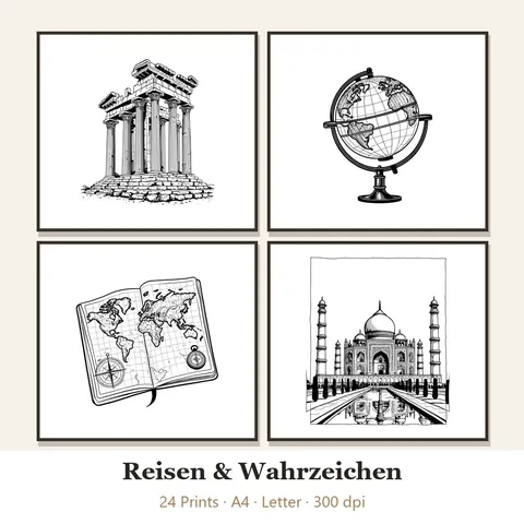 Vorschau Line-Art-Set „Reisen & Wahrzeichen“: vier von 24 schwarz-weißen Motiven im Rahmen