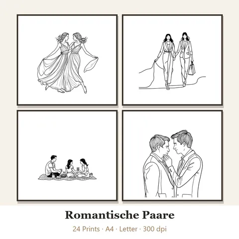 Vorschau Line-Art-Set „Romantische Paare“: vier von 24 schwarz-weißen Motiven im Rahmen