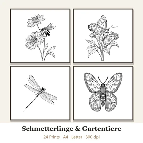 Vorschau Line-Art-Set „Schmetterlinge & Gartentiere“: vier von 24 schwarz-weißen Motiven im Rahmen