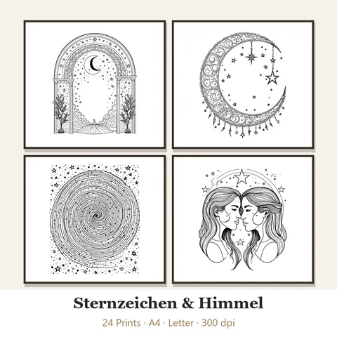 Vorschau Line-Art-Set „Sternzeichen & Himmel“: vier von 24 schwarz-weißen Motiven im Rahmen
