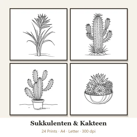 Vorschau Line-Art-Set „Sukkulenten & Kakteen“: vier von 24 schwarz-weißen Motiven im Rahmen