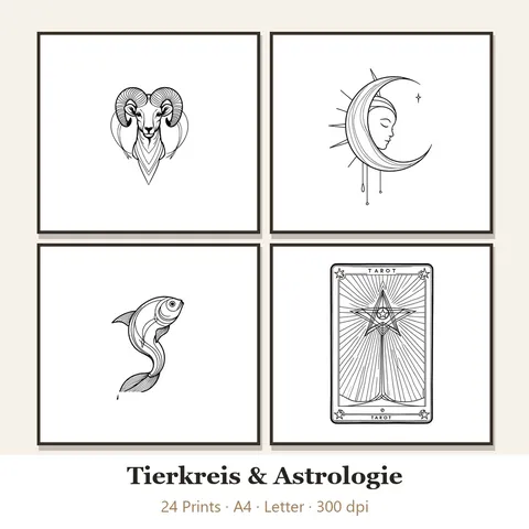 Vorschau Line-Art-Set „Tierkreis & Astrologie“: vier von 24 schwarz-weißen Motiven im Rahmen
