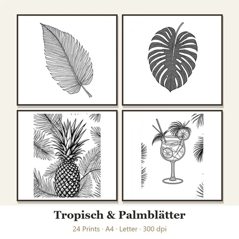 Vorschau Line-Art-Set „Tropisch & Palmblätter“: vier von 24 schwarz-weißen Motiven im Rahmen