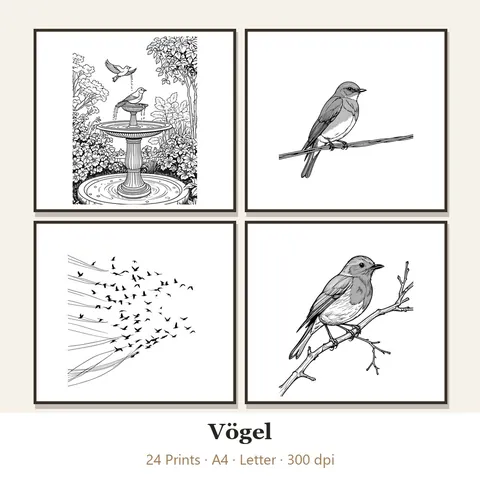 Vorschau Line-Art-Set „Vögel“: vier von 24 schwarz-weißen Motiven im Rahmen