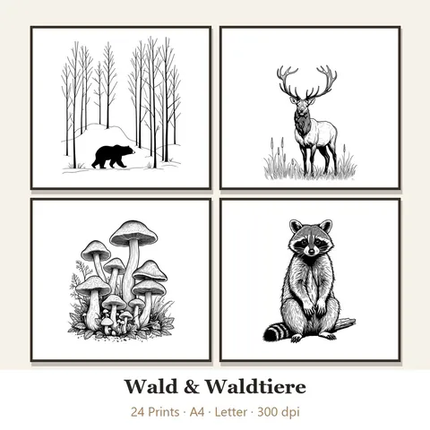 Vorschau Line-Art-Set „Wald & Waldtiere“: vier von 24 schwarz-weißen Motiven im Rahmen