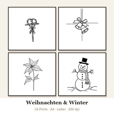 Vorschau Line-Art-Set „Weihnachten & Winter“: vier von 24 schwarz-weißen Motiven im Rahmen