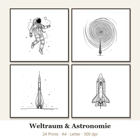 Vorschau Line-Art-Set „Weltraum & Astronomie“: vier von 24 schwarz-weißen Motiven im Rahmen