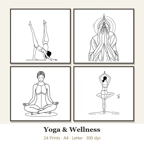 Vorschau Line-Art-Set „Yoga & Wellness“: vier von 24 schwarz-weißen Motiven im Rahmen