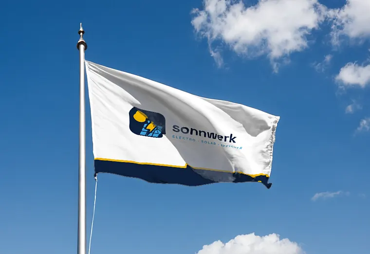 Hissfahne am Mast vor blauem Himmel, Sonnwerk Elektro & Solar (Beispiel, fiktive Firma)