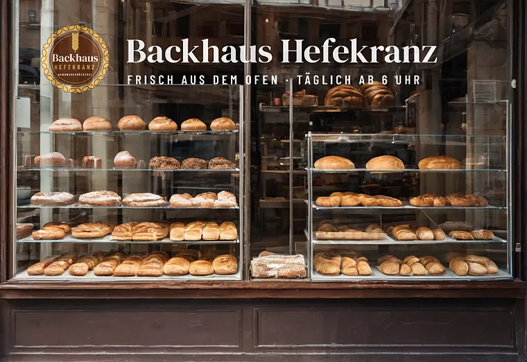 Schaufensterbeschriftung der Bäckerei Backhaus Hefekranz (Beispiel, fiktive Firma)