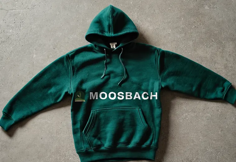 Grüner Hoodie mit Brustdruck von Moosbach Garten- und Landschaftsbau (Beispiel, fiktive Firma)