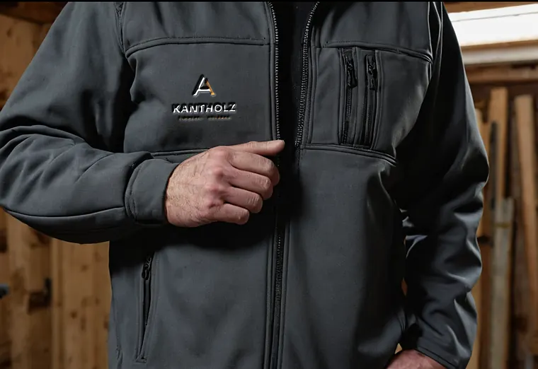 Softshell-Jacke mit gesticktem Logo der Zimmerei Kantholz (Beispiel, fiktive Firma)