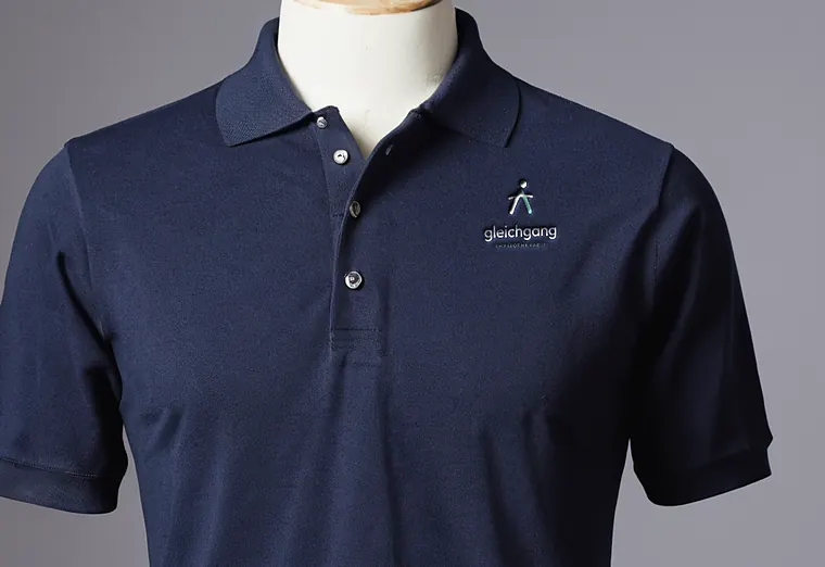 Navyblaues Poloshirt mit gesticktem Brust-Logo von Physio Gleichgang (Beispiel, fiktive Firma)