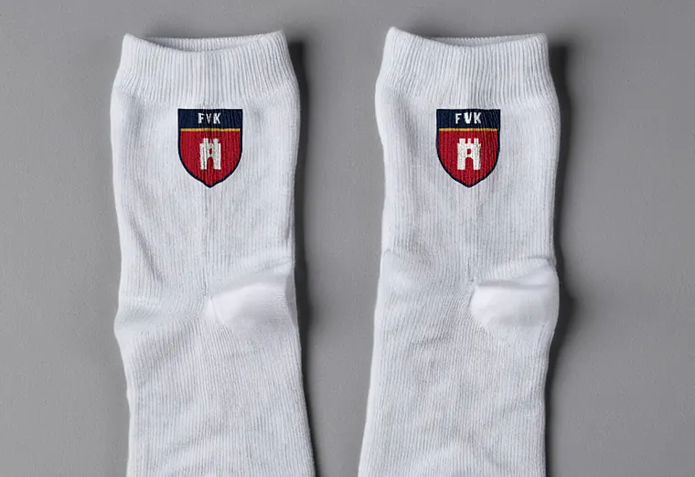 Weiße Socken mit gesticktem Wappen des FV Kalkbühl (Beispiel, fiktive Firma)