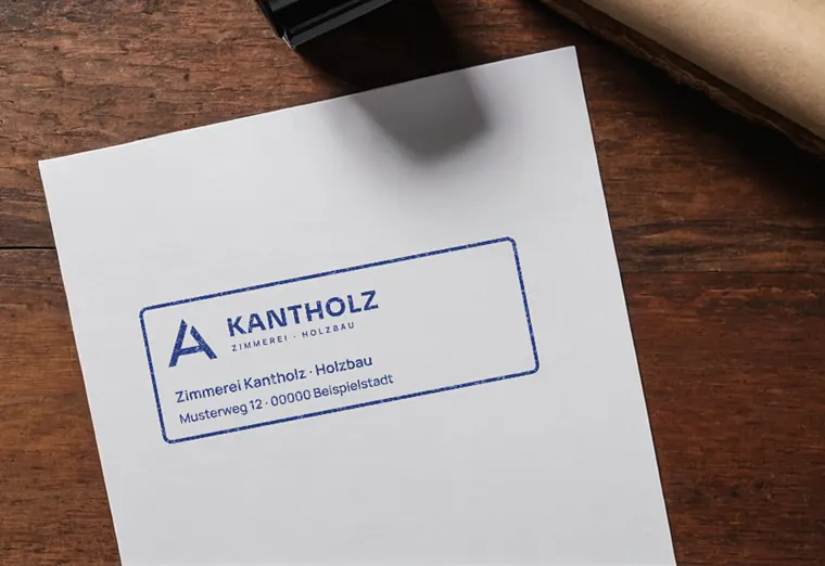 Stempelabdruck der Zimmerei Kantholz auf Papier neben einem Selbstfärber (Beispiel, fiktive Firma)