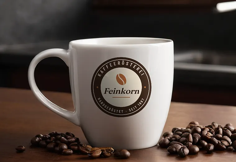 Weiße Kaffeetasse mit Logo der Rösterei Feinkorn neben Kaffeebohnen (Beispiel, fiktive Firma)